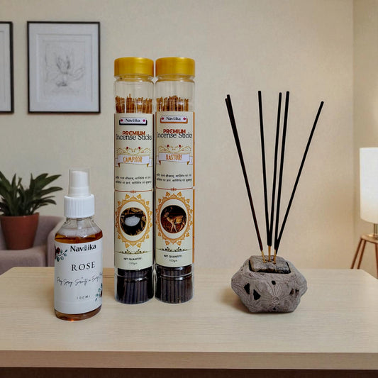 Dhoop Agarbatti Combo – Camphor & Kasturi and a Free Rose Air Freshener 100ml